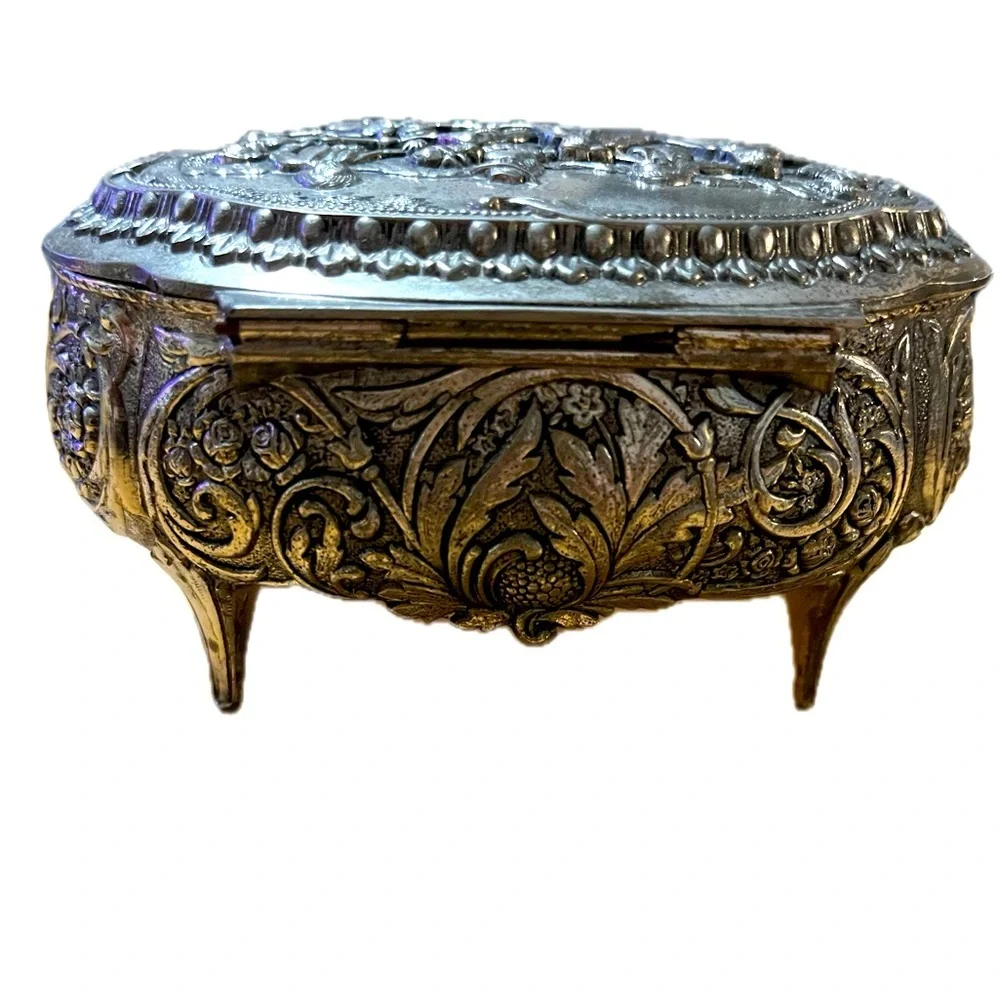 English Pewter Ornate Footed Trinket Box Blind Man's Bluff Scene